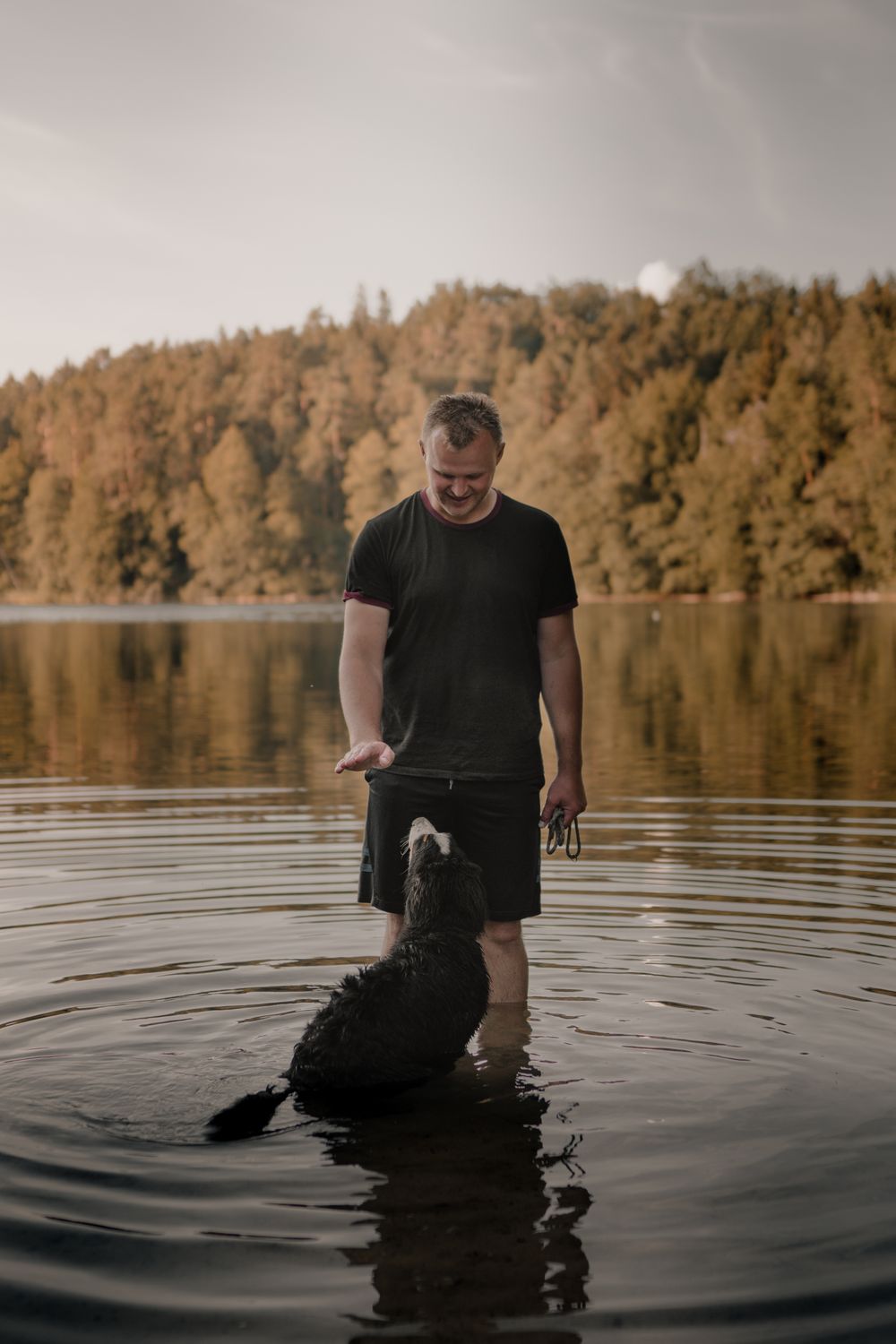 Handler practicing a calm cue with a dog outdoors